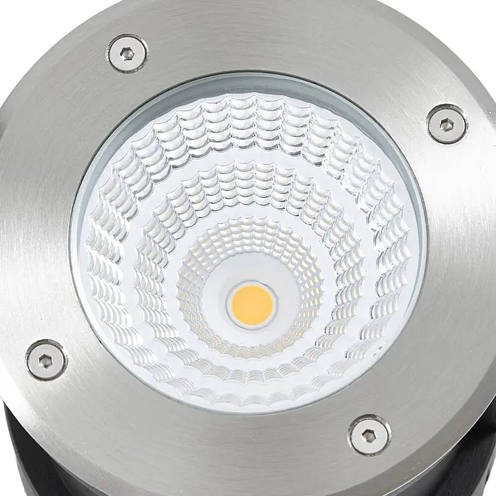 Arcchio LED-Gartenstrahler Thentos - 3.000 K, 12 x 12 x 12,8 cm - Runde LED-Bodeneinbauleuchte aus Edelstahl mit klarer, texturierter Diffusorlinse und gelbem LED-Kern.