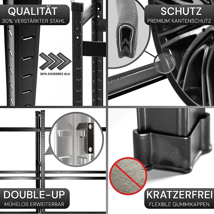 Allshelf Reifenregal - H x B x T: 110 x 100 x 40 cm, Stecken - Schwarzes Schwerlastregal mit verstärktem Stahl/Aluminium, Premium Kantenschutz, erweiterbarem Design und kratzfreien Gummikappen.