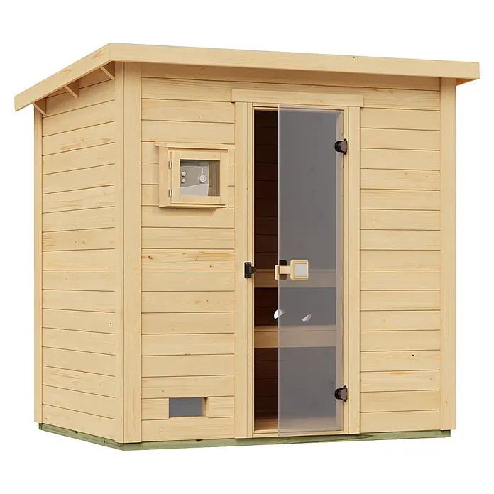 Weka Saunahaus Kaapi 2 - L x B x H: 172 x 224 x 215 cm, Natur, Mit 9 kW Ofen mit externer digitaler Steuerung - Helle Holzsauna mit Glastür und Pultdach, inklusive externem Bedienfeld.