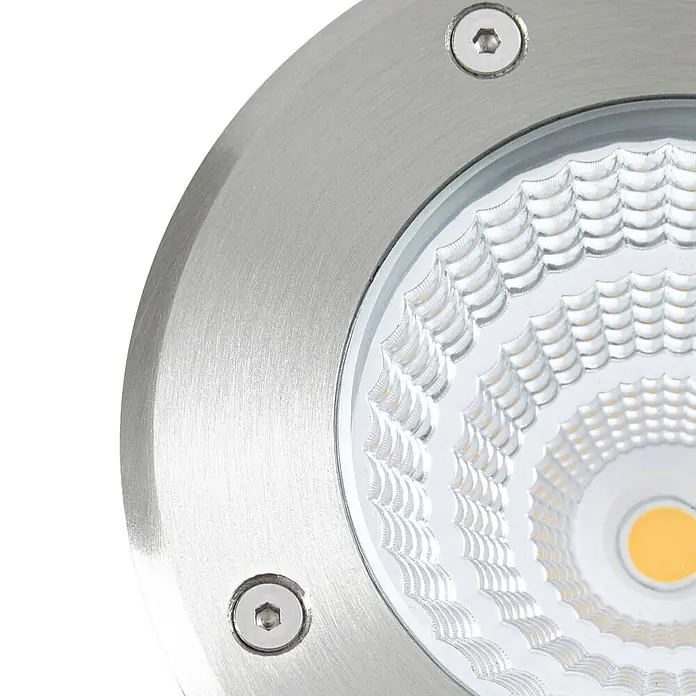 Arcchio LED-Gartenstrahler Thentos - 3.000 K, 12 x 12 x 12,8 cm - Runde, gebürstete LED-Bodeneinbauleuchte aus Metall mit klarer, gemusterter Linse und Sechskantschrauben.