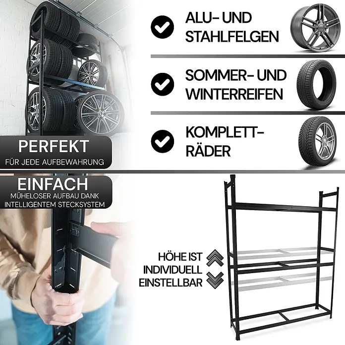 Allshelf Reifenregal - H x B x T: 110 x 100 x 40 cm, Stecken - Schwarzes Metall-Reifenregal mit verstellbaren Böden, lagert Autoreifen und bietet einfache Steckmontage.