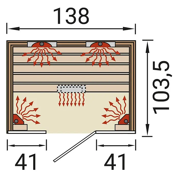 Weka Infrarotkabine Hamina - 103,5 x 138 x 190 cm, 2.050 Watt (W) - Draufsicht eines Sauna-Grundrisses mit Holzbänken, mehreren Heizelementen und Abmessungen 138 x 103,5.