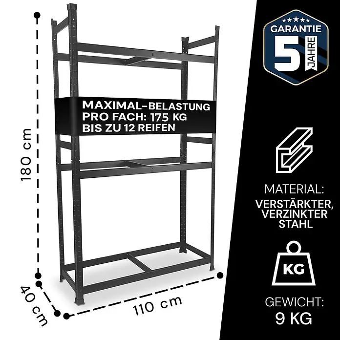 Allshelf Reifenregal - H x B x T: 180 x 110 x 40 cm, Stecken - Schwarzes Metallregal (180x110x40 cm) aus verstärktem, verzinktem Stahl, für bis zu 12 Reifen, 175 kg Traglast pro Fach.