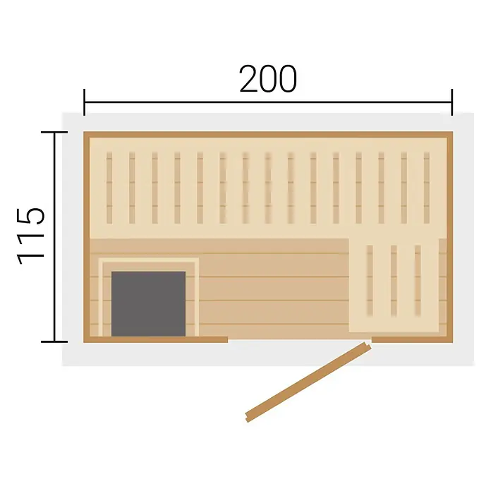 Weka Saunahaus Kaapi 1 - L x B x H: 138 x 224 x 215 cm, Grüngrau, Mit 9 kW Ofen mit integrierter Steuerung - Draufsicht einer Holzsauna mit L-förmigen Bänken und Ofen, Maße 200x115.