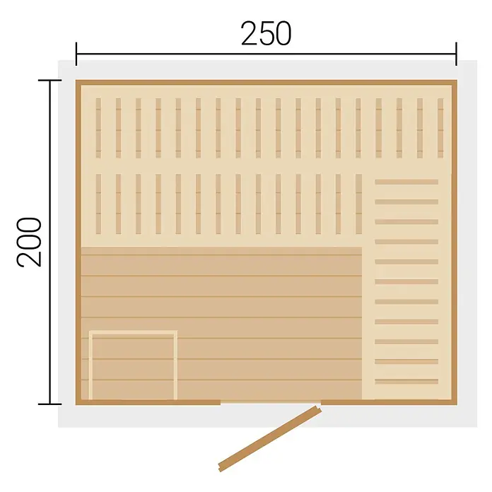 Weka Saunahaus Kaapi 4 - L x B x H: 226 x 259 x 215 cm, Natur, Ohne Ofen - Holzkabine Sauna, Draufsicht, mit Bänken, Maße 250x200 cm und Tür.
