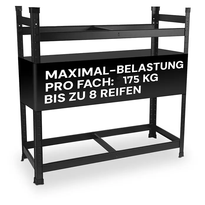 Allshelf Reifenregal - H x B x T: 110 x 100 x 40 cm, Stecken - Schwarzes Metall Schwerlastregal für Reifen, Tragkraft 175 kg pro Boden, für bis zu 8 Reifen.