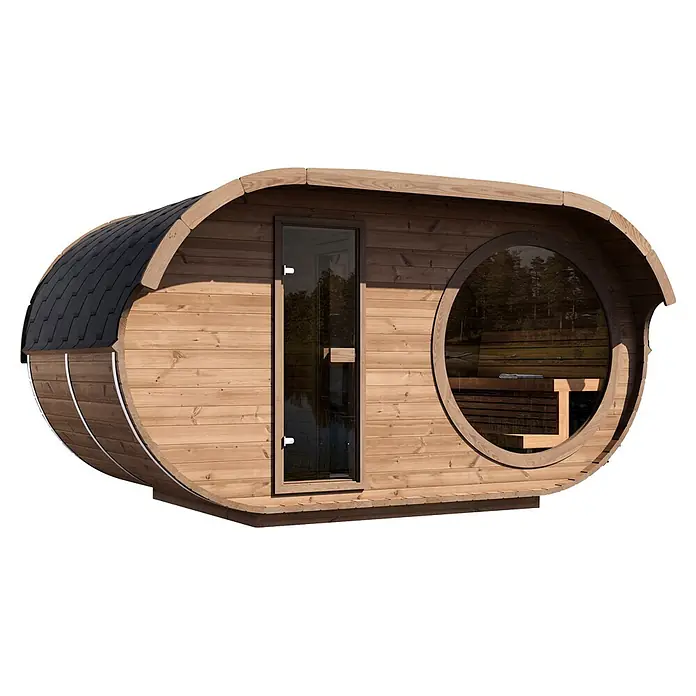 Weka Saunahaus Keila - L x B x H: 240 x 405 x 220 cm, Natur, Mit 9 kW Ofen mit integrierter Steuerung - Hölzerne Fasssauna mit dunklem Schindeldach, Glastür und rundem Fenster.