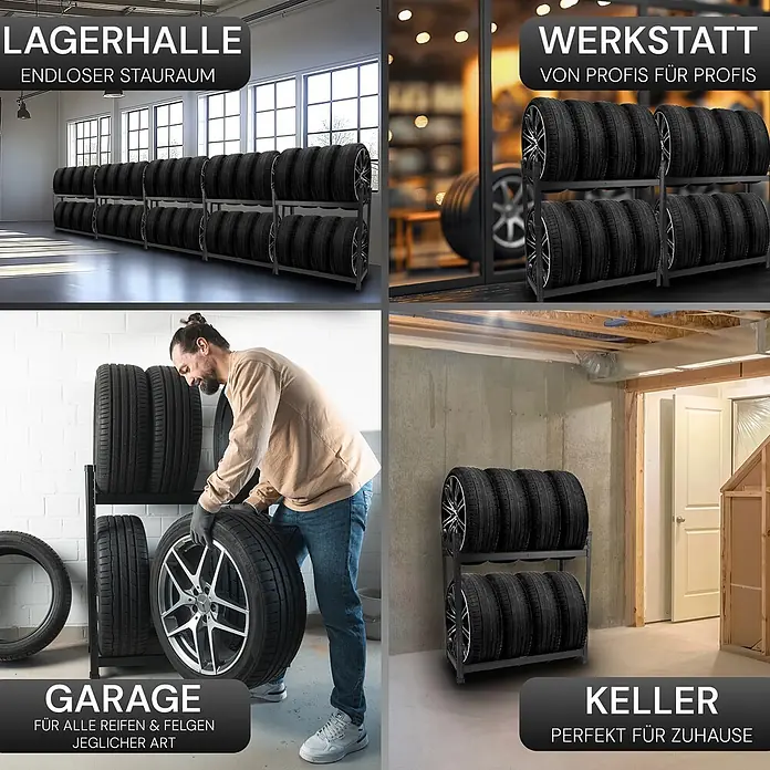 Allshelf Reifenregal - H x B x T: 110 x 100 x 40 cm, Stecken - Schwarzes Metall-Reifenregal, das zahlreiche Reifen lagert, gezeigt in Lagerhalle, Werkstatt, Garage und Keller.