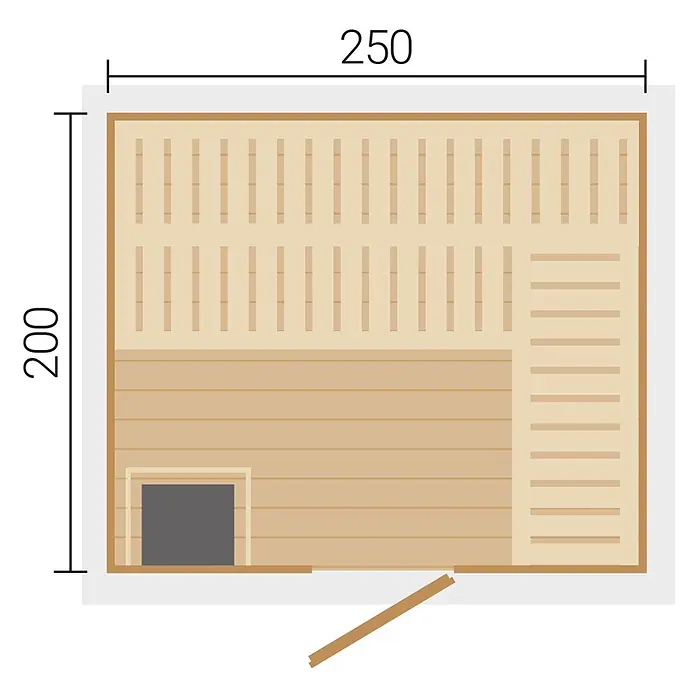Weka Saunahaus Kaapi 4 - L x B x H: 226 x 259 x 215 cm, Grüngrau, Mit 9 kW Ofen mit externer digitaler Steuerung - Draufsicht auf eine helle Holzsaunakabine, 250x200 cm, mit Bänken, Ofen und einer nach außen öffnenden Tür.