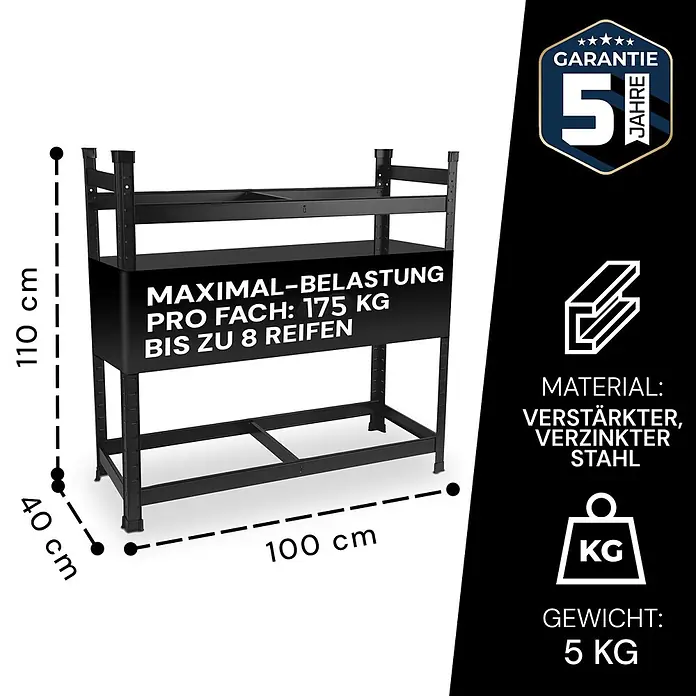 Allshelf Reifenregal - H x B x T: 110 x 100 x 40 cm, Stecken - Schwarzes Reifenregal aus verstärktem, verzinktem Stahl, 110x100x40 cm, 175 kg pro Fach, für bis zu 8 Reifen.