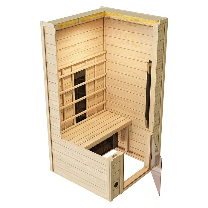 Weka Infrarotkabine Vaala - 100 x 102 x 196 cm, 1.700 Watt (W) - Schnittansicht einer hellen Holz-Infrarotsauna mit Sitzbank, Wandheizungen und Dachisolierung.