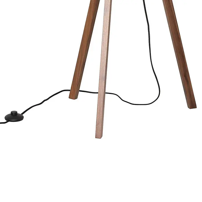 Lucande Stehleuchte Auriane - Holz dunkel, schwarz, E27 - Lampenfuß mit Holzbeinen, schwarzem Stromkabel und rundem schwarzem Fußschalter.