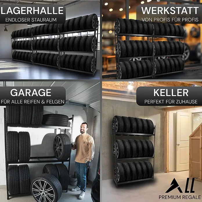 Allshelf Reifenregal - H x B x T: 200 x 150 x 40 cm, Traglast pro Träger: 175 kg - Schwarze Metall-Reifenregale in Lagerhalle, Werkstatt, Garage und Keller, viele Autoreifen lagernd.