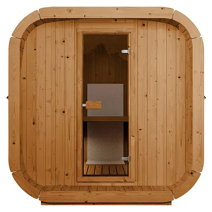 Weka Saunahaus Laadi250S - L x B x H: 250 x 205 x 210 cm, Natur, Ohne Ofen - Helle Holzsauna mit Glastür, Innenbänken und modularem Fassdesign.