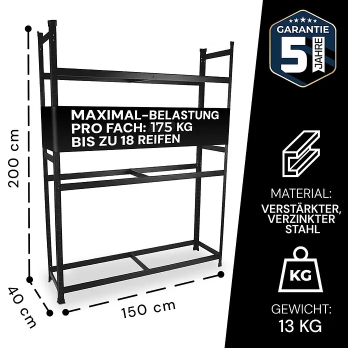 Allshelf Reifenregal - H x B x T: 200 x 150 x 40 cm, Traglast pro Träger: 175 kg - Schwarz lackiertes Metallregal aus verstärktem, verzinktem Stahl, 200x150x40 cm, 175 kg Traglast pro Fach.