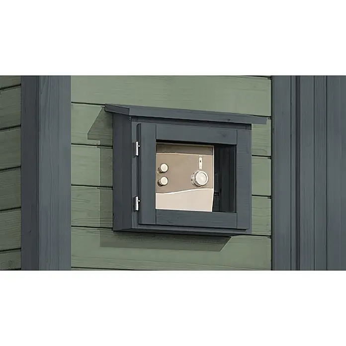 Weka Saunahaus Kaapi 1 - L x B x H: 138 x 224 x 215 cm, Grüngrau, Mit 9 kW Ofen mit externer digitaler Steuerung - Dunkelgrauer Holz-Außenkasten mit Klarsichtscheibe, der einen silbernen Safe oder eine Steuerungseinheit zeigt.