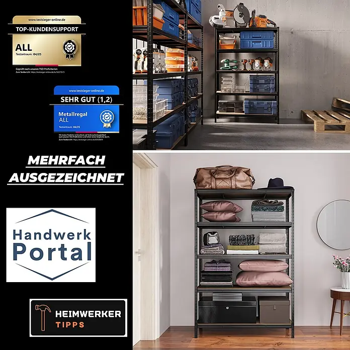 Allshelf Eckregal - Traglast pro Boden: 250 kg - Ein schwarzes Metallregal mit hellen Holzablagen, gezeigt mit Werkzeugen in einer Werkstatt und Kleidung in einem Wohnraum.
