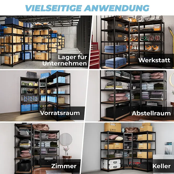 Allshelf Eckregal - Traglast pro Boden: 250 kg - Schwarzmetallregal mit Holzregalböden, vielseitig einsetzbar in verschiedenen Räumen wie Werkstatt, Keller oder Vorratsraum.