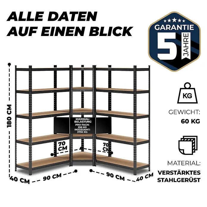 ALLSHELF Eckregal 180x70x40 cm + 2X 180x90x40 cm Schwarz - 3750kg Traglast -  - Eckregal aus verstärktem Stahlgerüst mit Holzablagen. Höhe 180 cm, Seiten 90x40 cm, 250 kg pro Fach.