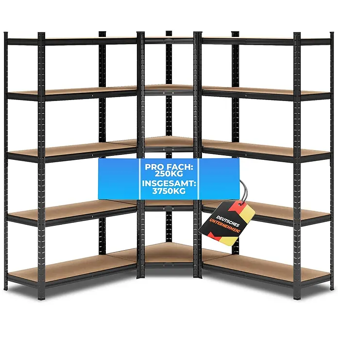 ALLSHELF Eckregal 180x70x40 cm + 2X 180x90x40 cm Schwarz - 3750kg Traglast -  - Schwarzes Metall-Eckregal mit Holzregalböden, 250kg Fachlast und 3750kg Gesamttraglast.
