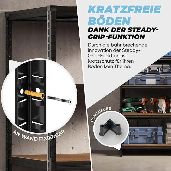 Allshelf Eckregal - Traglast pro Boden: 250 kg - Schwarzes Metallregal mit Holzböden, ausgestattet mit Kratzschutz-Gummifüßen und zur Wandmontage vorbereitet.