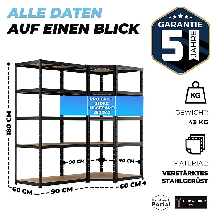Allshelf Eckregal - Traglast pro Boden: 250 kg - Schwarzes Schwerlastregal mit Holzablagen. Maße 180x90x60cm, 250kg pro Fach, 2500kg gesamt, verstärktes Stahlgerüst, 5 Jahre Garantie.