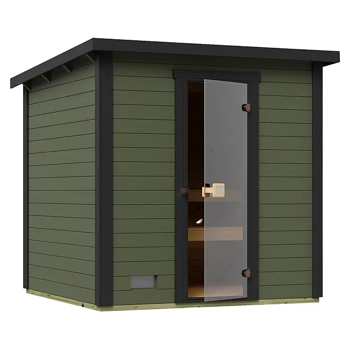 Weka Saunahaus Kaapi 3 - L x B x H: 226 x 224 x 215 cm, Grüngrau, Mit 9 kW Ofen mit integrierter Steuerung - Grüne Holz-Außensauna mit dunkelgrauen Zierleisten, Flachdach und Glastür.