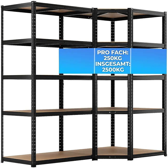 Allshelf Eckregal - Traglast pro Boden: 250 kg - Schwarzes Metall-Schwerlastregal mit Holzablagen, trägt 250kg pro Fach und 2500kg insgesamt.