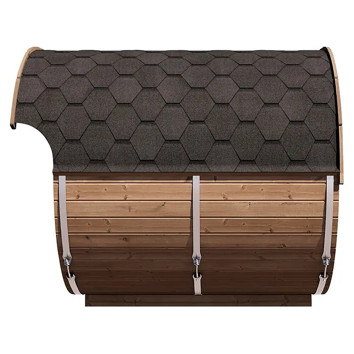 Weka Saunahaus Keila - L x B x H: 240 x 405 x 220 cm, Natur, Mit 9 kW Ofen mit integrierter Steuerung - Fassförmige Sauna oder Außenstruktur mit dunkelgrauem Sechskantschindeldach und Naturholzplankenwänden, gesichert mit Metallbändern.