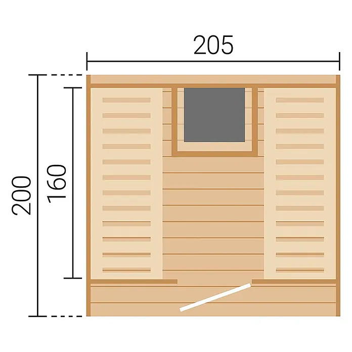 Weka Saunahaus Laadi250S - L x B x H: 200 x 205 x 210 cm, Natur, Mit 9 kW Ofen mit integrierter Steuerung - Grundriss einer Holzsaunakabine mit detaillierten Maßen und Inneneinrichtung, einschließlich Bänke und Fenster.