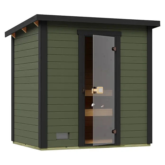 Weka Saunahaus Kaapi 2 - L x B x H: 172 x 224 x 215 cm, Grüngrau, Mit 9 kW Ofen mit integrierter Steuerung - Grüne Außensauna mit schwarzem Zierleisten und einer klaren Glastür, die Holzbänke im Inneren zeigt.