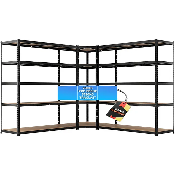 ALLSHELF Eckregal 180x90x60 cm + 2X 180x150x60 cm Schwarz - 3750kg Traglast -  - Schwarzes Metall-Eckregal mit Holzablagen, 250kg pro Ebene, 3750kg Gesamttraglast und 'Deutsches Unternehmen!' Schild.