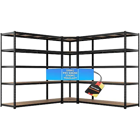 ALLSHELF Eckregal 180x90x60 cm + 2X 180x150x60 cm Schwarz - 3750kg Traglast