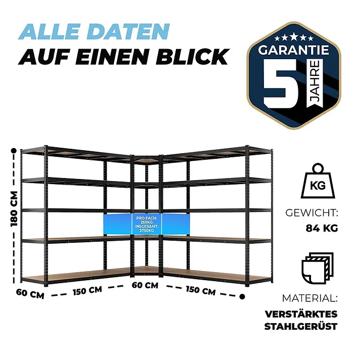 ALLSHELF Eckregal 180x90x60 cm + 2X 180x150x60 cm Schwarz - 3750kg Traglast -  - Schwarzes Eckregal aus verstärktem Stahl, 180x150x60cm, 4 Etagen. 250kg/Boden, 3750kg Gesamtlast.