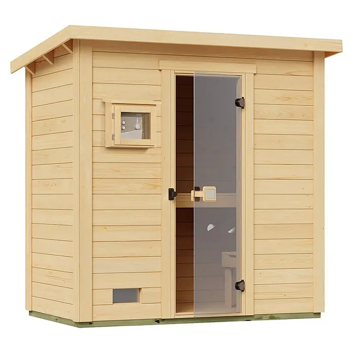 Weka Saunahaus Kaapi 1 - L x B x H: 138 x 224 x 215 cm, Natur, Mit 9 kW Ofen mit externer digitaler Steuerung - Kompakte helle Holzsauna mit Glastür und kleinem Fenster, für Wellness zu Hause.