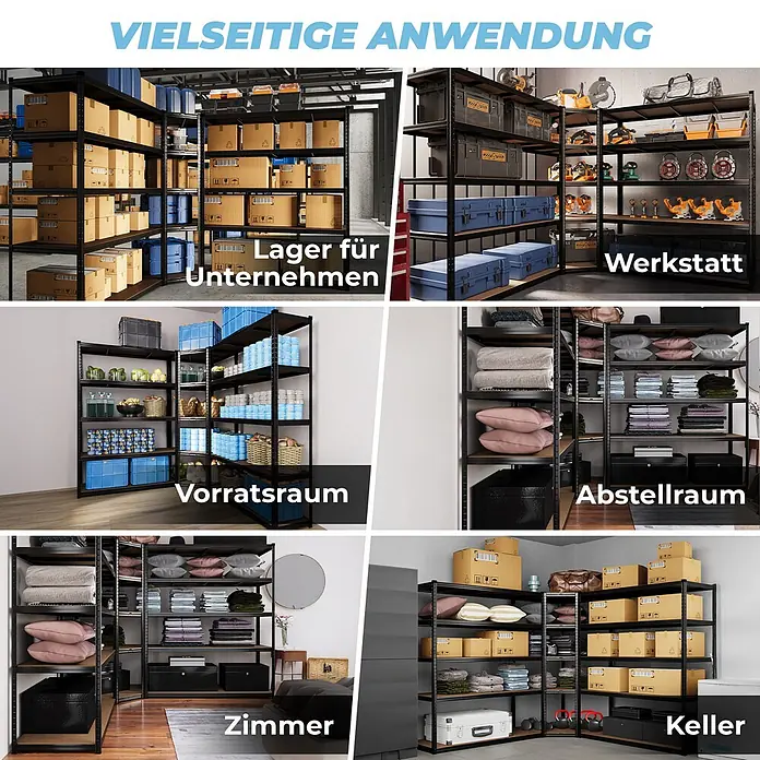 Allshelf Eckregal - H x B x T: 180 x 150 x 60 cm, Traglast pro Boden: 250 kg, Stecken - Robustes schwarzes Metallregal mit Holzablagen, vielseitige Lagerlösung für Werkstatt, Vorratsraum oder Wohnbereiche.