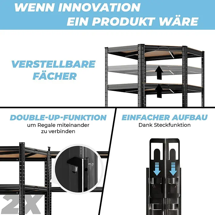 ALLSHELF Eckregal 180x90x60 cm + 2X 180x150x60 cm Schwarz - 3750kg Traglast -  - Schwarzes Metallregal mit verstellbaren Böden, verbindbar und dank Steckfunktion leicht aufzubauen.