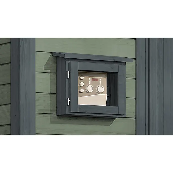 Weka Saunahaus Kaapi 1 - L x B x H: 138 x 224 x 215 cm, Grüngrau, Mit 9 kW Bio-Ofen mit externer digitaler Steuerung - Dunkelgrauer Holz-Außenschrank mit Scharniertür, schützt ein Bedienfeld mit Knöpfen, Reglern und Digitalanzeige.
