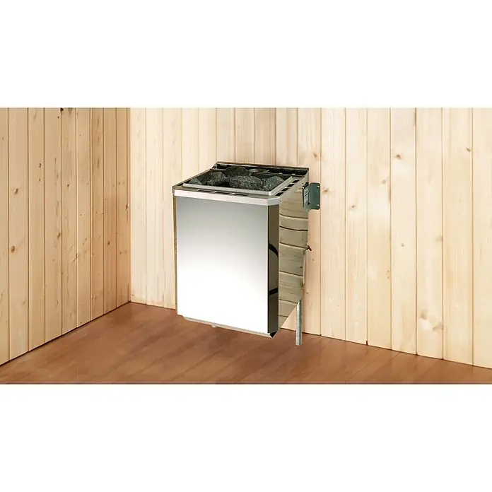Weka Saunahaus Kaapi 1 - L x B x H: 138 x 224 x 215 cm, Grüngrau, Mit 9 kW Bio-Ofen mit externer digitaler Steuerung - Saunaofen aus Edelstahl mit Steinen oben, an einer Holzwand montiert.