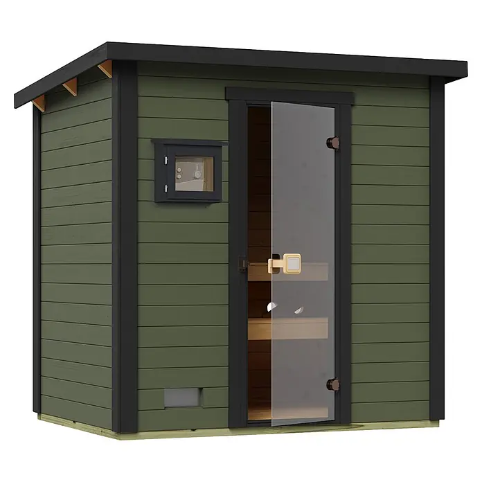 Weka Saunahaus Kaapi 2 - L x B x H: 172 x 224 x 215 cm, Grüngrau, Mit 9 kW Ofen mit externer digitaler Steuerung - Kompakte dunkelgrüne Außensauna mit schwarzer Zierleiste, einer Klarglastür und einem kleinen Fenster.