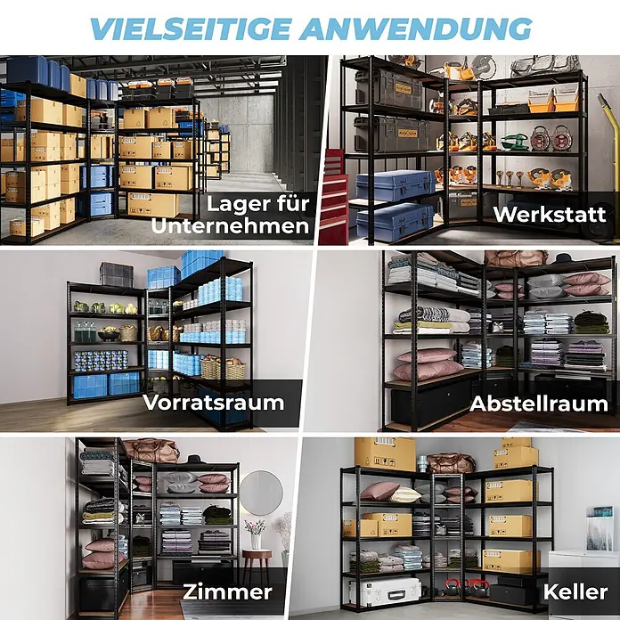 Allshelf Eckregal - H x B x T: 180 x 90 x 60 cm, Traglast pro Boden: 250 kg, Anzahl Böden: 5 Stk., Stecken, Schwarz - Schwarzes Metallregal, gezeigt in verschiedenen praktischen Anwendungen: Lager, Werkstatt, Vorratsraum, Abstellraum, Zimmer und Keller.