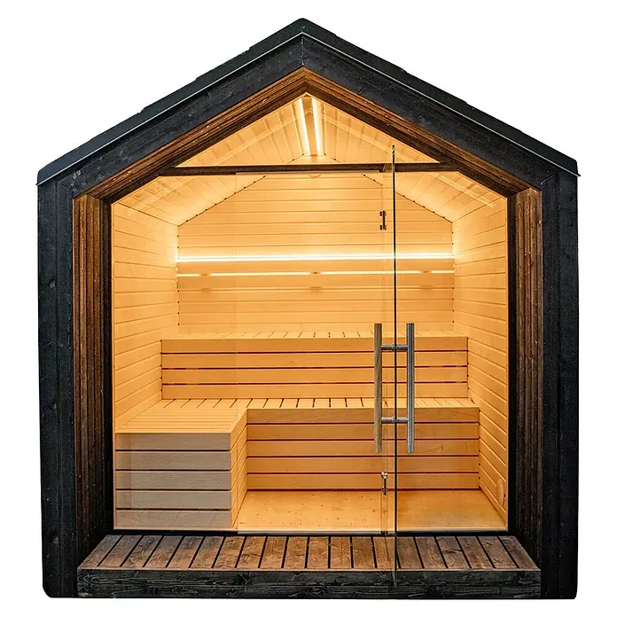 Weka Saunahaus Luua - L x B x H: 249 x 234 x 244 cm, Schwarz, Mit 9 kW Ofen mit integrierter Steuerung - Moderne Außensauna mit schwarzer Außenfassade, hellem Holzinterieur, Bänken, warmer Beleuchtung und Glastür.