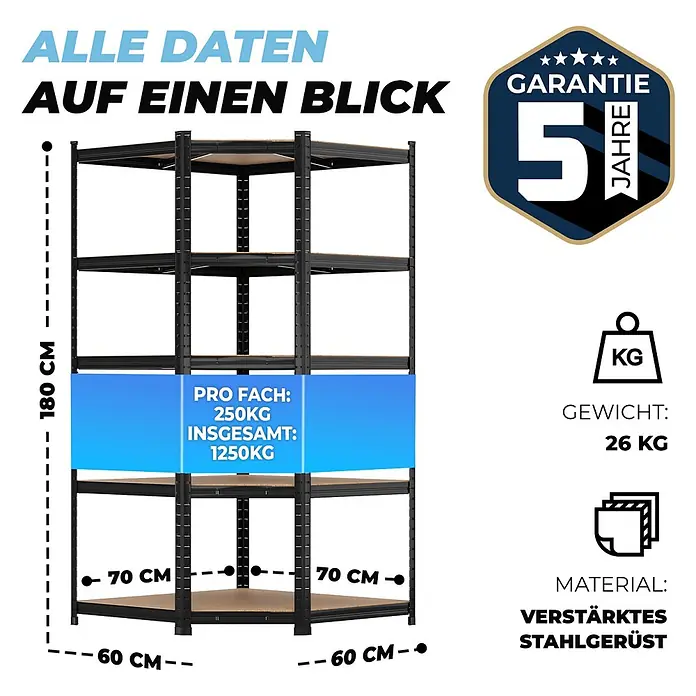 Allshelf Eckregal - H x B x T: 180 x 90 x 60 cm, Traglast pro Boden: 250 kg, Anzahl Böden: 5 Stk., Stecken, Schwarz - Schwarzes verstärktes Stahlregal mit 5 Böden, 180x70x60 cm, 250 kg/Boden Kapazität.