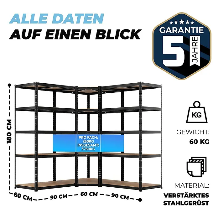 Allshelf Eckregal - H x B x T: 180 x 90 x 60 cm, Traglast pro Boden: 250 kg - Schwarzes Eckregal aus verstärktem Stahlrahmen mit Holzböden. Abmessungen und hohe Tragfähigkeit werden angezeigt.