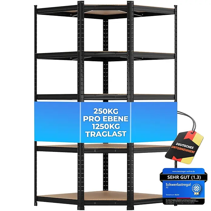Allshelf Eckregal - H x B x T: 180 x 90 x 60 cm, Traglast pro Boden: 250 kg, Anzahl Böden: 5 Stk., Stecken, Schwarz - Schwarzes Eck-Schwerlastregal aus Metall mit fünf Holzablagen.