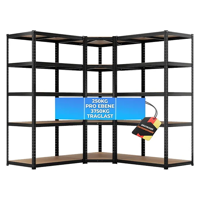 Allshelf Eckregal - H x B x T: 180 x 90 x 60 cm, Traglast pro Boden: 250 kg - Schwarzes Eckregal aus Metall mit Holzböden.