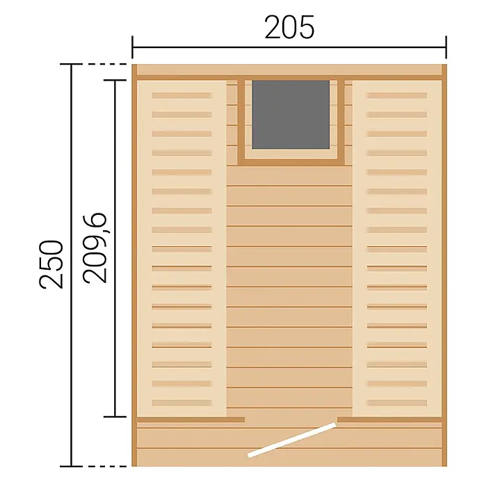 Weka Saunahaus Laadi250S - L x B x H: 250 x 205 x 210 cm, Natur, Mit 9 kW Ofen mit integrierter Steuerung - Grundriss einer holzfarbenen Saunakabine mit zwei Bänken, einem Fenster und Maßangaben.