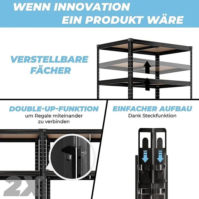 Allshelf Eckregal - H x B x T: 180 x 90 x 60 cm, Traglast pro Boden: 250 kg - Schwarzes Metallregal mit verstellbaren Böden, Anschlussfunktion und einfacher Steckmontage.