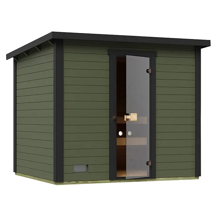Weka Saunahaus Kaapi 4 - L x B x H: 226 x 259 x 215 cm, Grüngrau, Ohne Ofen - Moderne dunkelgrüne Außensauna mit schwarzer Zierleiste, Glastür und Holzsockel.