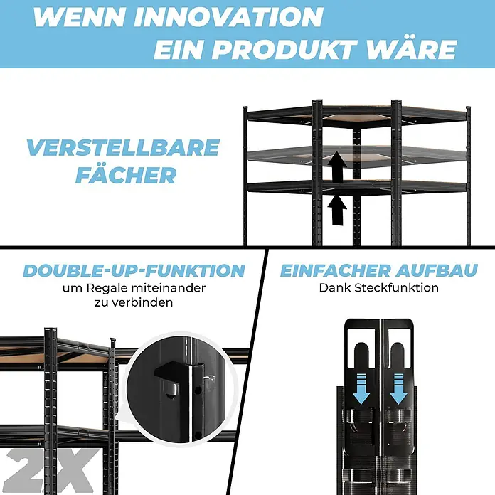 Allshelf Eckregal - H x B x T: 180 x 90 x 60 cm, Traglast pro Boden: 250 kg, Anzahl Böden: 5 Stk., Stecken, Schwarz - Schwarzes Metallregal mit verstellbaren Fächern, modularem Design und einfacher Steckmontage.